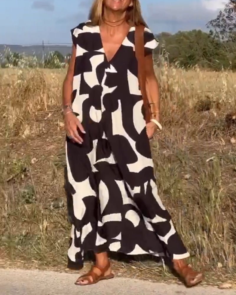 Damen Sommer Midi-Kleid mit V-Ausschnitt und Cap-Ärmeln