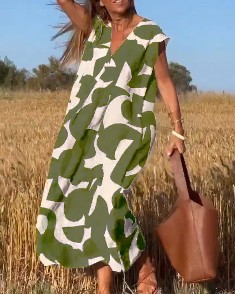 Damen Sommer Midi-Kleid mit V-Ausschnitt und Cap-Ärmeln