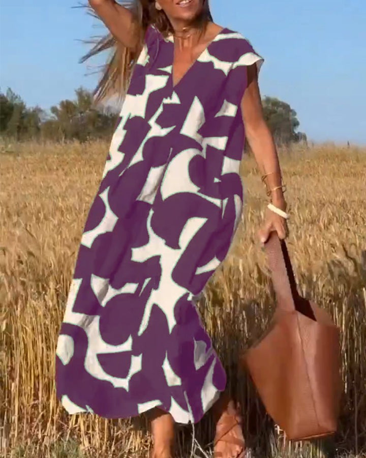 Damen Sommer Midi-Kleid mit V-Ausschnitt und Cap-Ärmeln