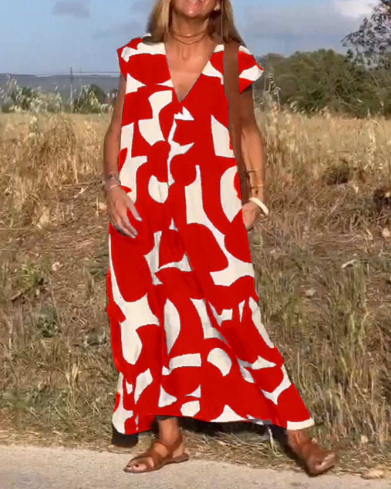 Damen Sommer Midi-Kleid mit V-Ausschnitt und Cap-Ärmeln