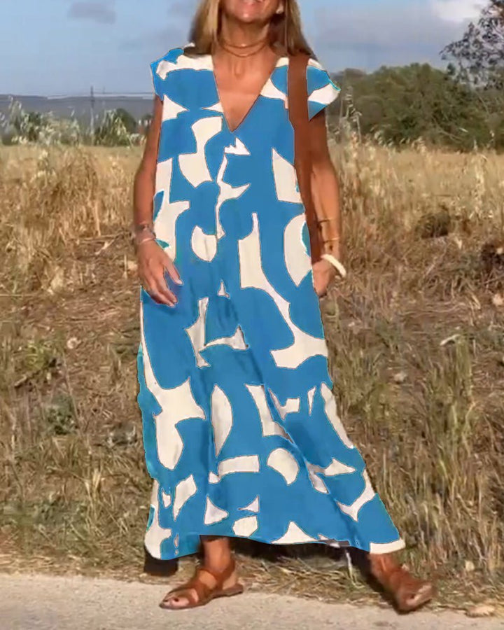 Damen Sommer Midi-Kleid mit V-Ausschnitt und Cap-Ärmeln