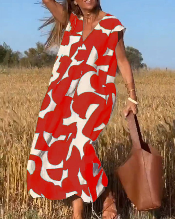 Damen Sommer Midi-Kleid mit V-Ausschnitt und Cap-Ärmeln