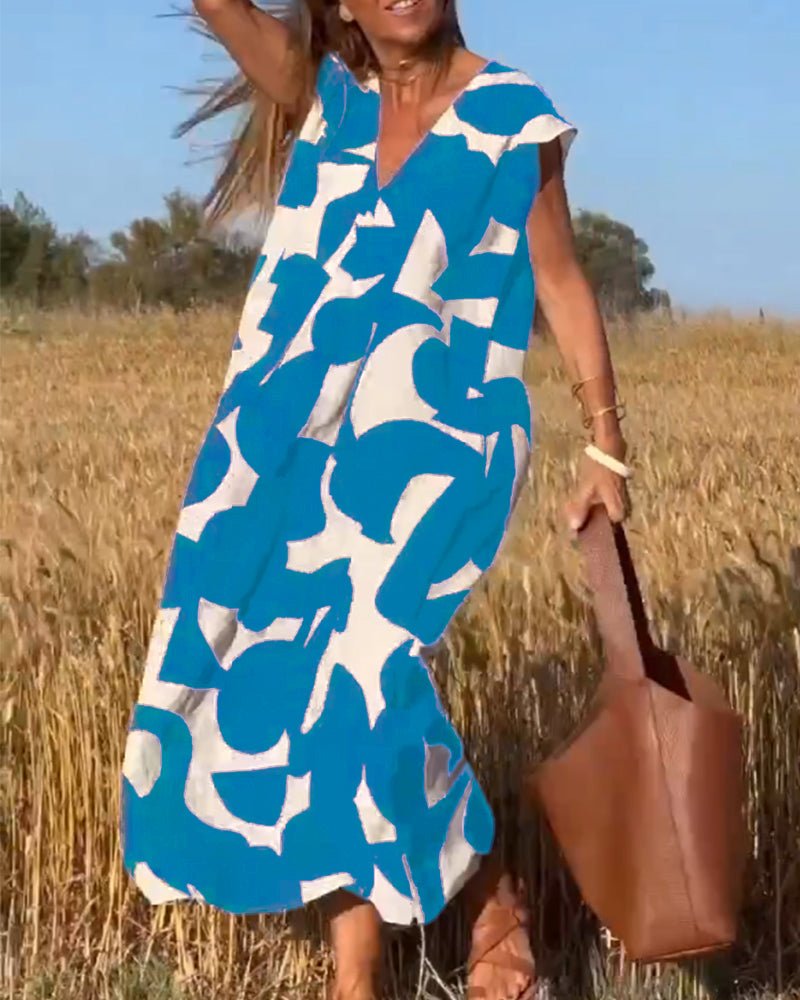 Damen Sommer Midi-Kleid mit V-Ausschnitt und Cap-Ärmeln