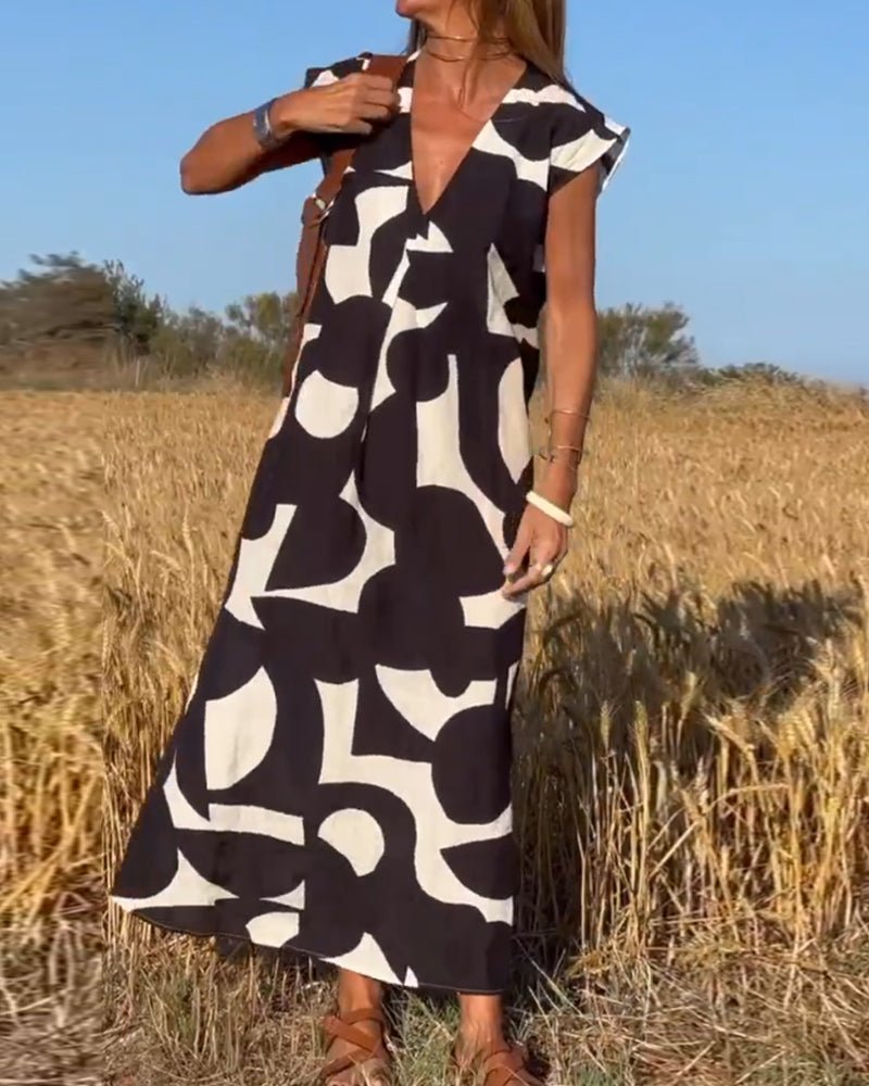 Damen Sommer Midi-Kleid mit V-Ausschnitt und Cap-Ärmeln