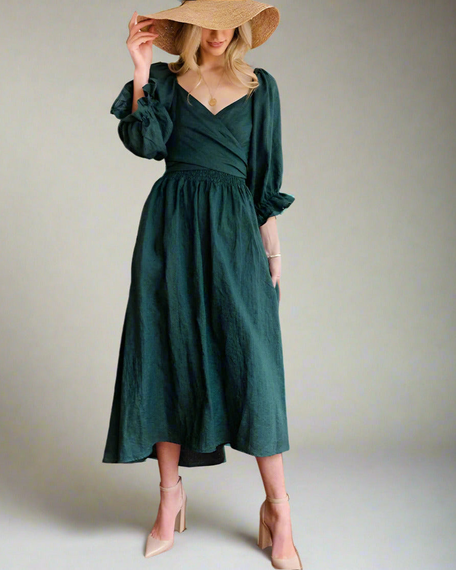 Damen Sommer-Midikleid mit langen Puffärmeln