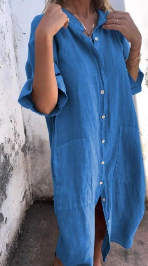 Damen Hemdblusenkleid mit langen Ärmeln und Fronttaschen für den Sommer