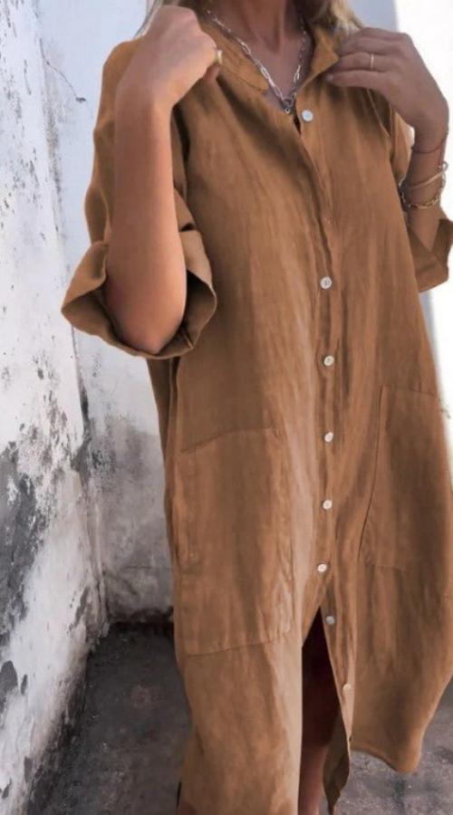 Damen Hemdblusenkleid mit langen Ärmeln und Fronttaschen für den Sommer