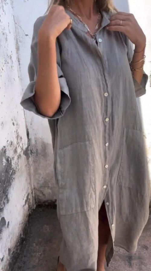 Damen Hemdblusenkleid mit langen Ärmeln und Fronttaschen für den Sommer