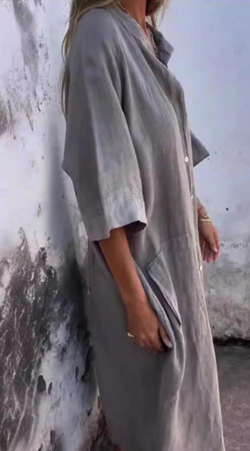 Damen Hemdblusenkleid mit langen Ärmeln und Fronttaschen für den Sommer