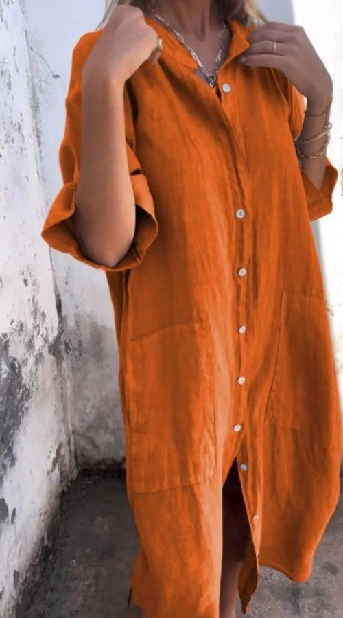 Damen Hemdblusenkleid mit langen Ärmeln und Fronttaschen für den Sommer
