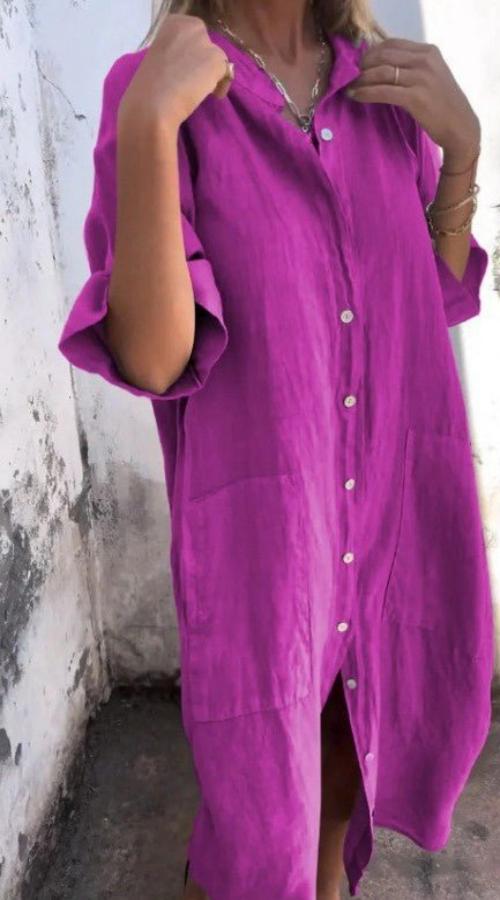 Damen Hemdblusenkleid mit langen Ärmeln und Fronttaschen für den Sommer