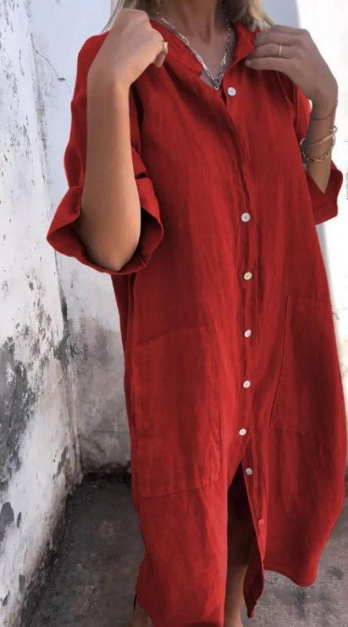 Damen Hemdblusenkleid mit langen Ärmeln und Fronttaschen für den Sommer