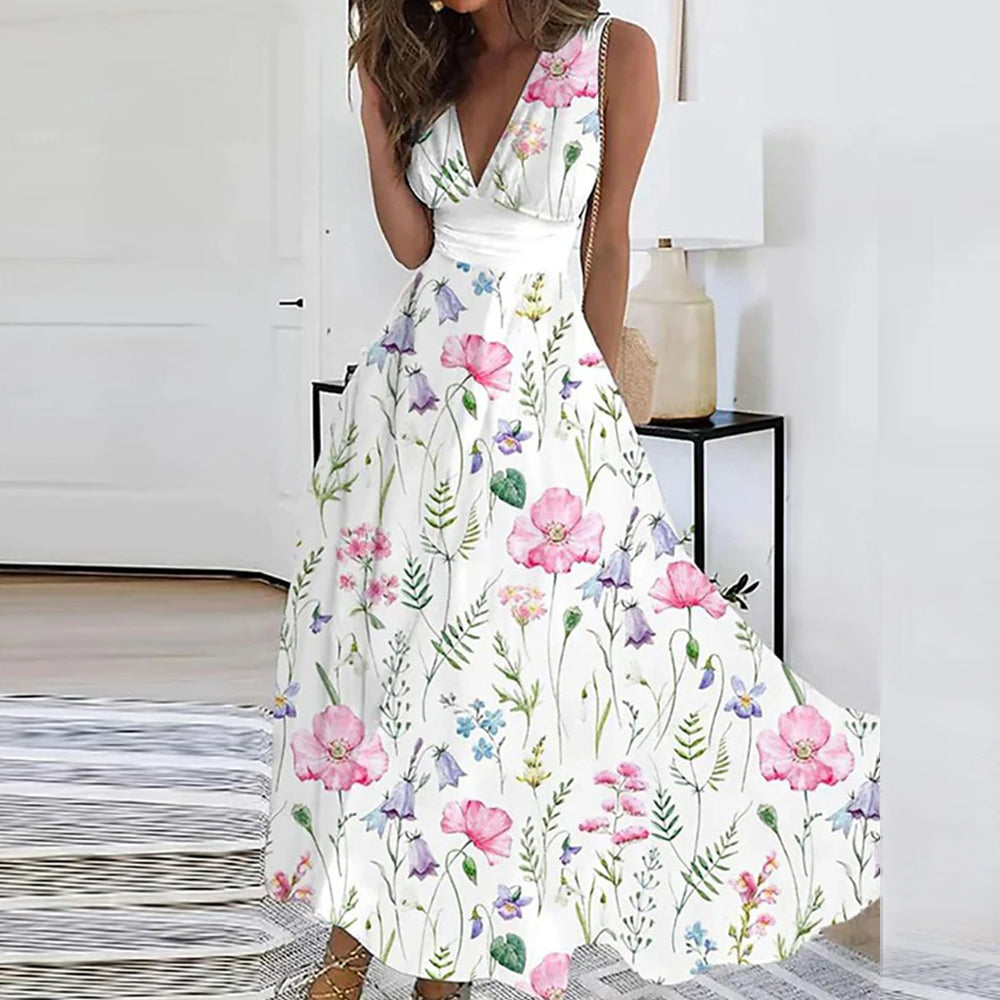 Damen Midikleid für den Sommer mit Blumenmuster und V-Ausschnitt