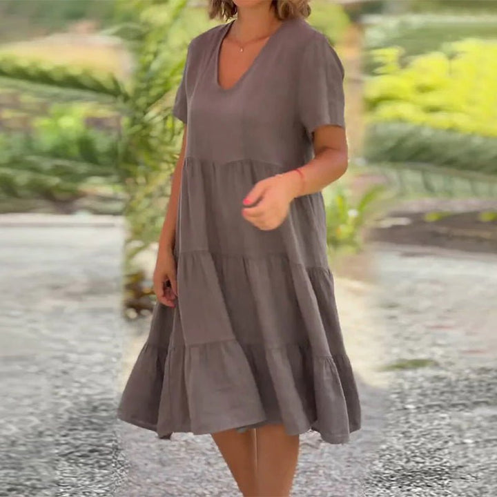 Damen Leinen Midikleid mit V-Ausschnitt und kurzen Ärmeln