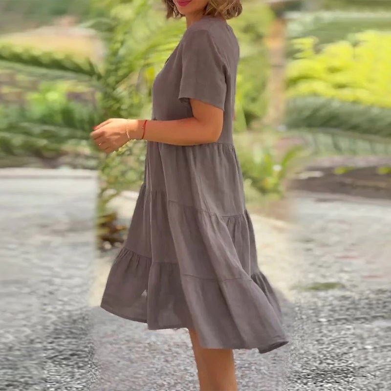 Damen Leinen Midikleid mit V-Ausschnitt und kurzen Ärmeln