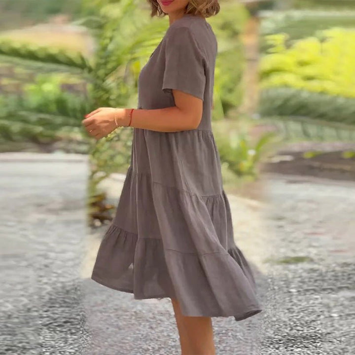 Damen Leinen Midikleid mit V-Ausschnitt und kurzen Ärmeln