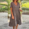 Damen Leinen Midikleid mit V-Ausschnitt und kurzen Ärmeln