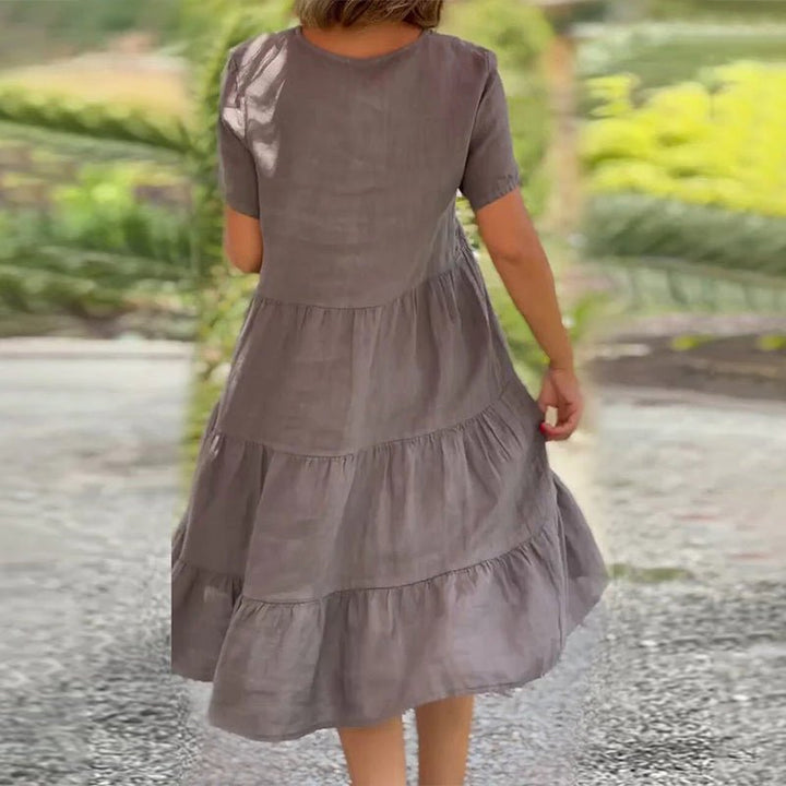 Damen Leinen Midikleid mit V-Ausschnitt und kurzen Ärmeln