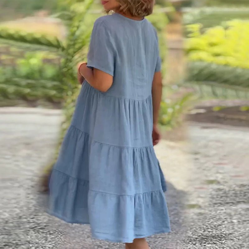 Damen Leinen Midikleid mit V-Ausschnitt und kurzen Ärmeln