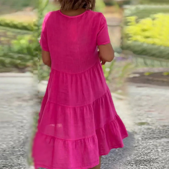 Damen Leinen Midikleid mit V-Ausschnitt und kurzen Ärmeln