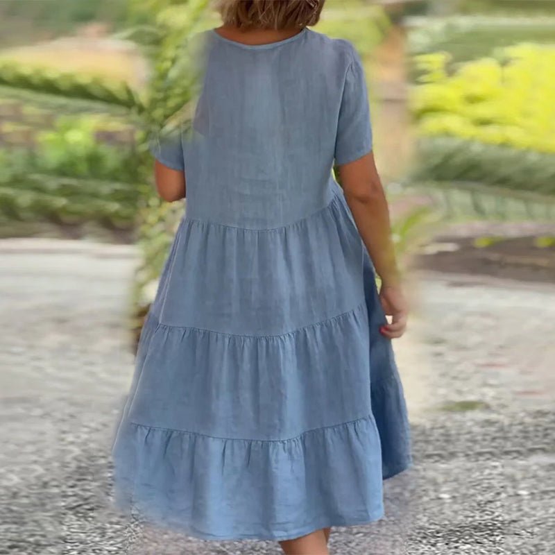 Damen Leinen Midikleid mit V-Ausschnitt und kurzen Ärmeln