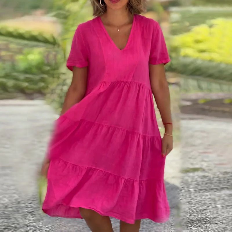 Damen Leinen Midikleid mit V-Ausschnitt und kurzen Ärmeln