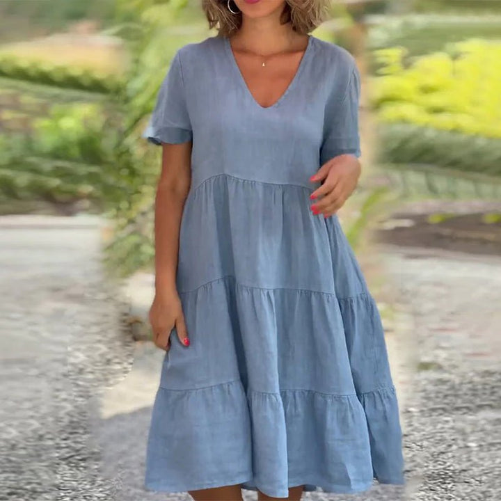 Damen Leinen Midikleid mit V-Ausschnitt und kurzen Ärmeln