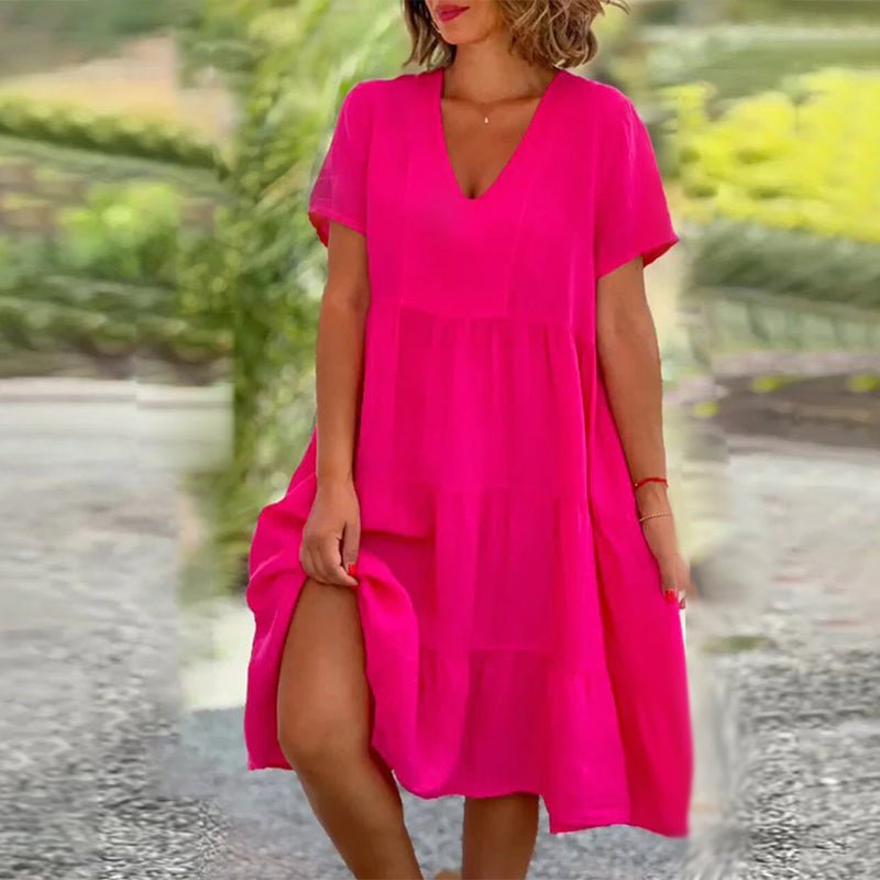 Damen Leinen Midikleid mit V-Ausschnitt und kurzen Ärmeln