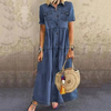 Damen Denim-Maxikleid mit kurzen Ärmeln und Knopfverschluss