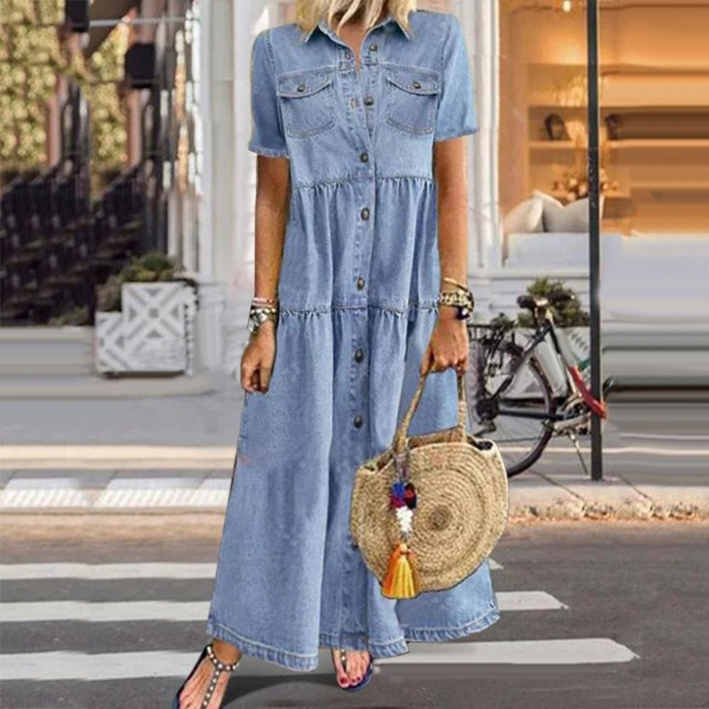 Damen Denim-Maxikleid mit kurzen Ärmeln und Knopfverschluss