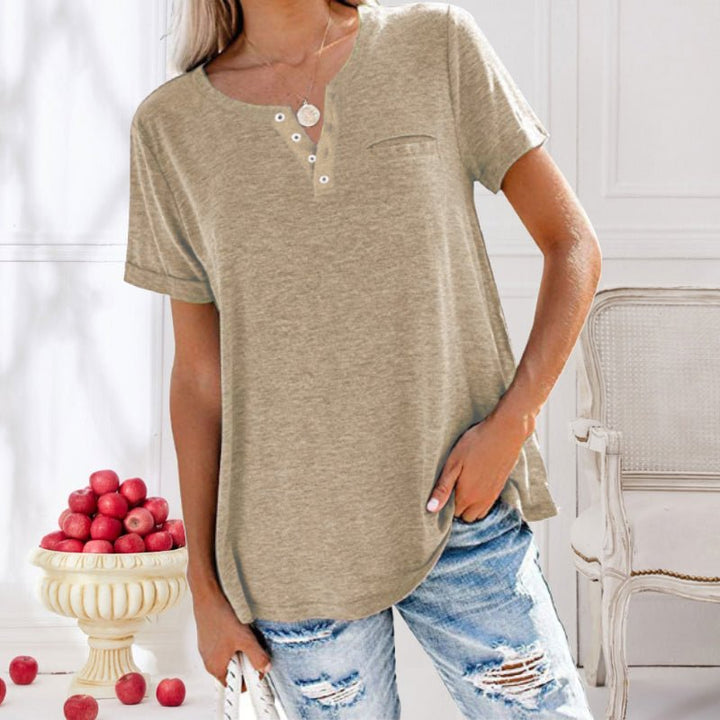 Damen Sommer V-Ausschnitt Shirt mit kurzen Ärmeln und Brusttasche
