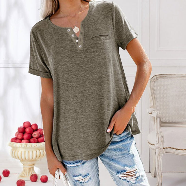 Damen Sommer V-Ausschnitt Shirt mit kurzen Ärmeln und Brusttasche