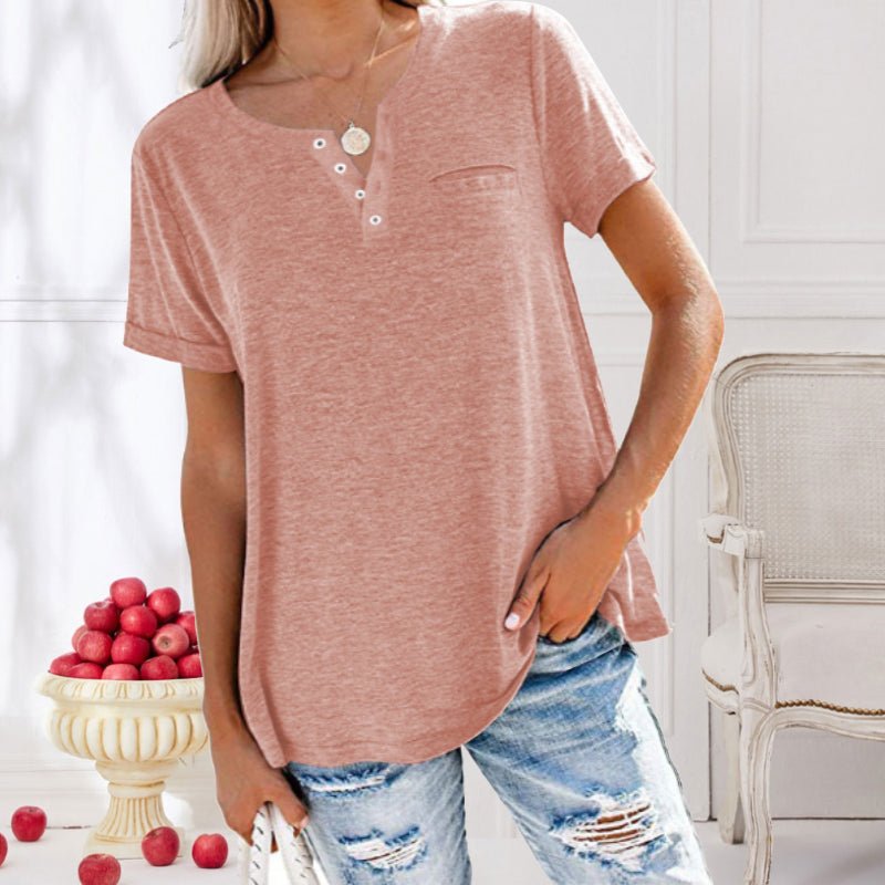 Damen Sommer V-Ausschnitt Shirt mit kurzen Ärmeln und Brusttasche