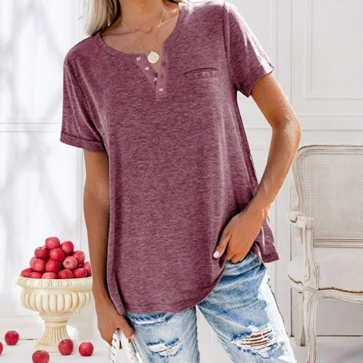 Damen Sommer V-Ausschnitt Shirt mit kurzen Ärmeln und Brusttasche