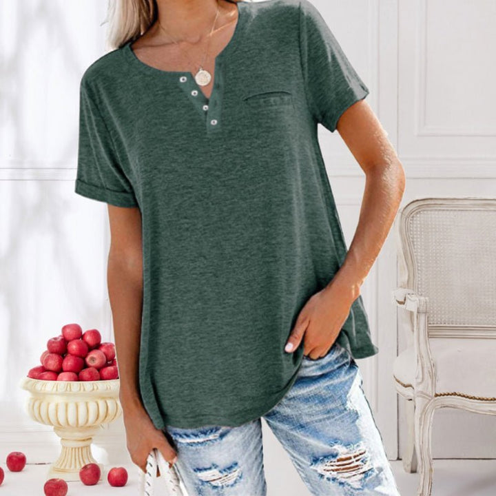 Damen Sommer V-Ausschnitt Shirt mit kurzen Ärmeln und Brusttasche