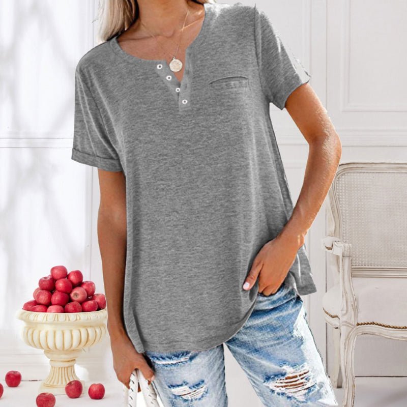 Damen Sommer V-Ausschnitt Shirt mit kurzen Ärmeln und Brusttasche