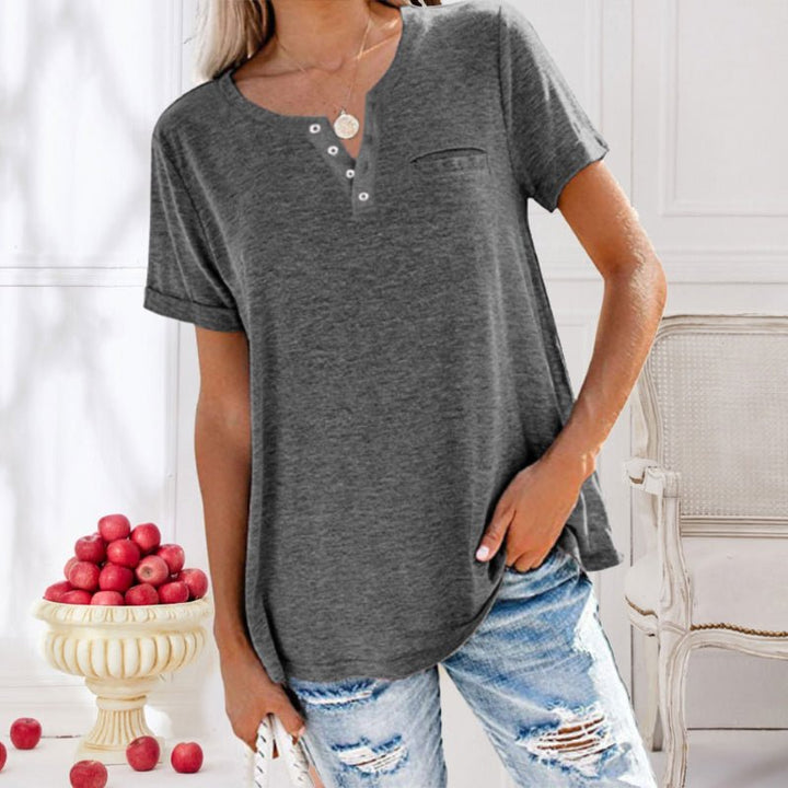 Damen Sommer V-Ausschnitt Shirt mit kurzen Ärmeln und Brusttasche