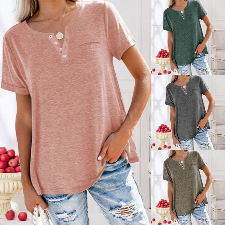 Damen Sommer V-Ausschnitt Shirt mit kurzen Ärmeln und Brusttasche