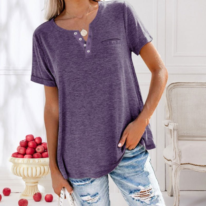 Damen Sommer V-Ausschnitt Shirt mit kurzen Ärmeln und Brusttasche