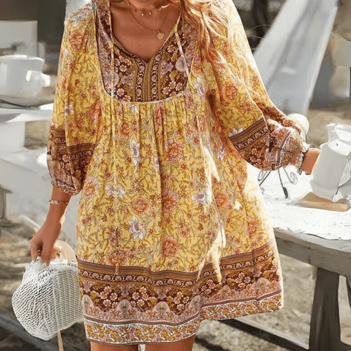 Damen Mini Kleid mit floralem Muster und V-Ausschnitt