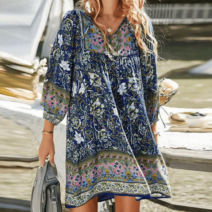Damen Mini Kleid mit floralem Muster und V-Ausschnitt
