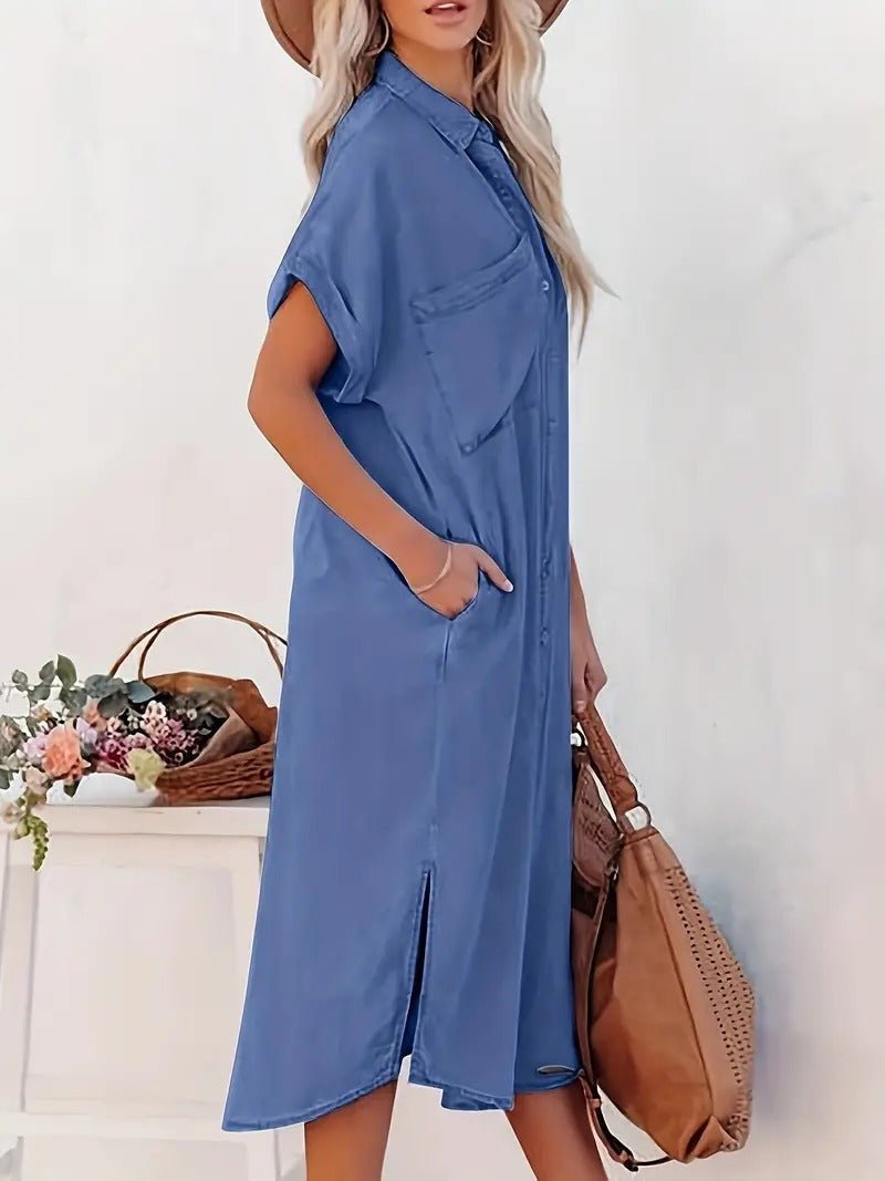 Damen Midikleid mit kurzen Ärmeln und Taschen