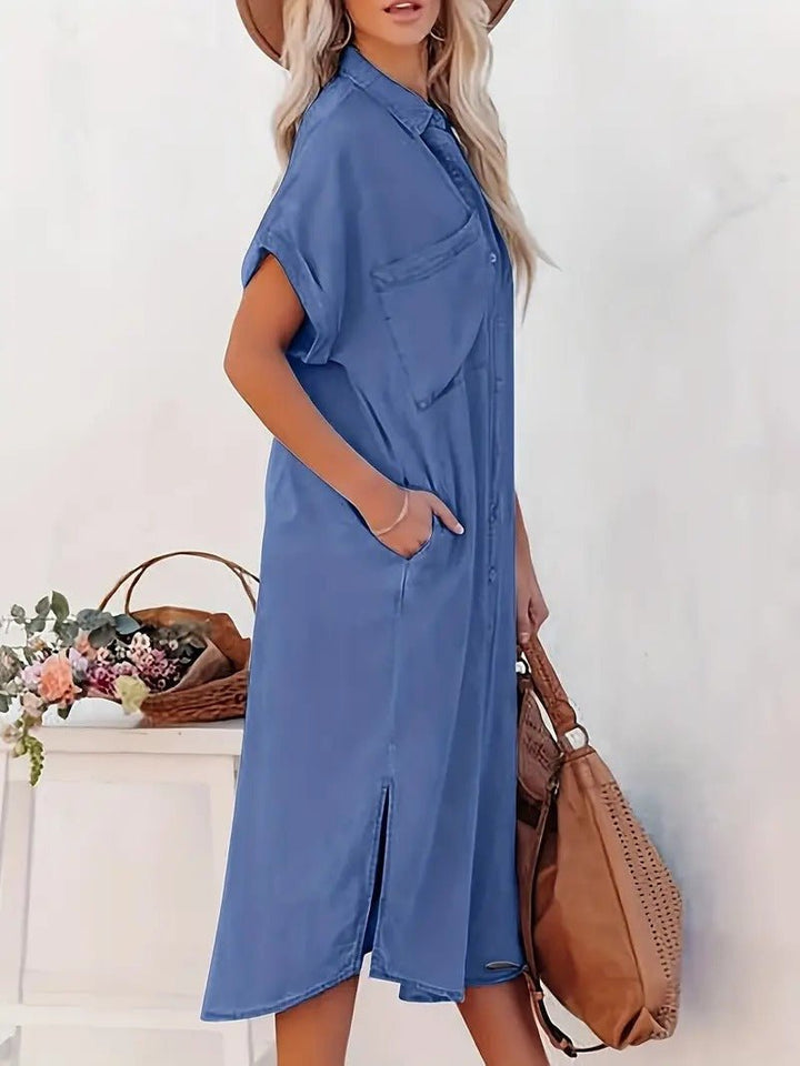 Damen Midikleid mit kurzen Ärmeln und Taschen