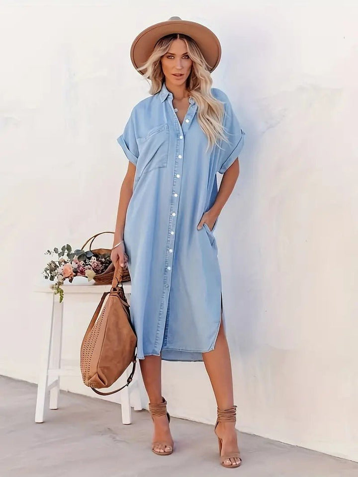 Damen Midikleid mit kurzen Ärmeln und Taschen