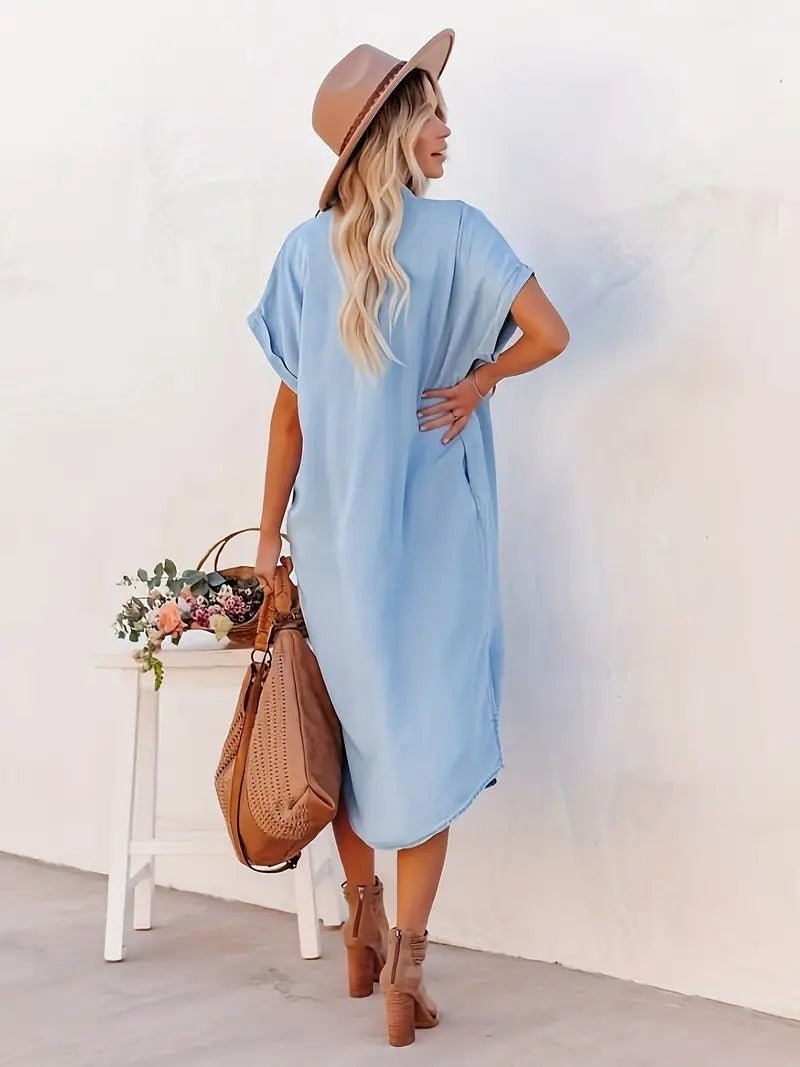 Damen Midikleid mit kurzen Ärmeln und Taschen