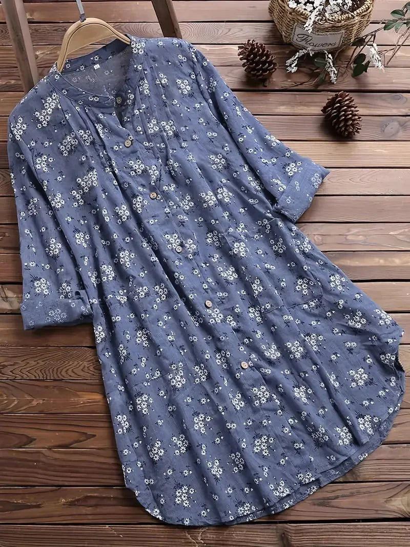 Damen Sommer Hemdbluse Kleid mit Blumenmuster und V-Ausschnitt