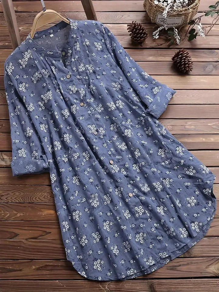 Damen Sommer Hemdbluse Kleid mit Blumenmuster und V-Ausschnitt