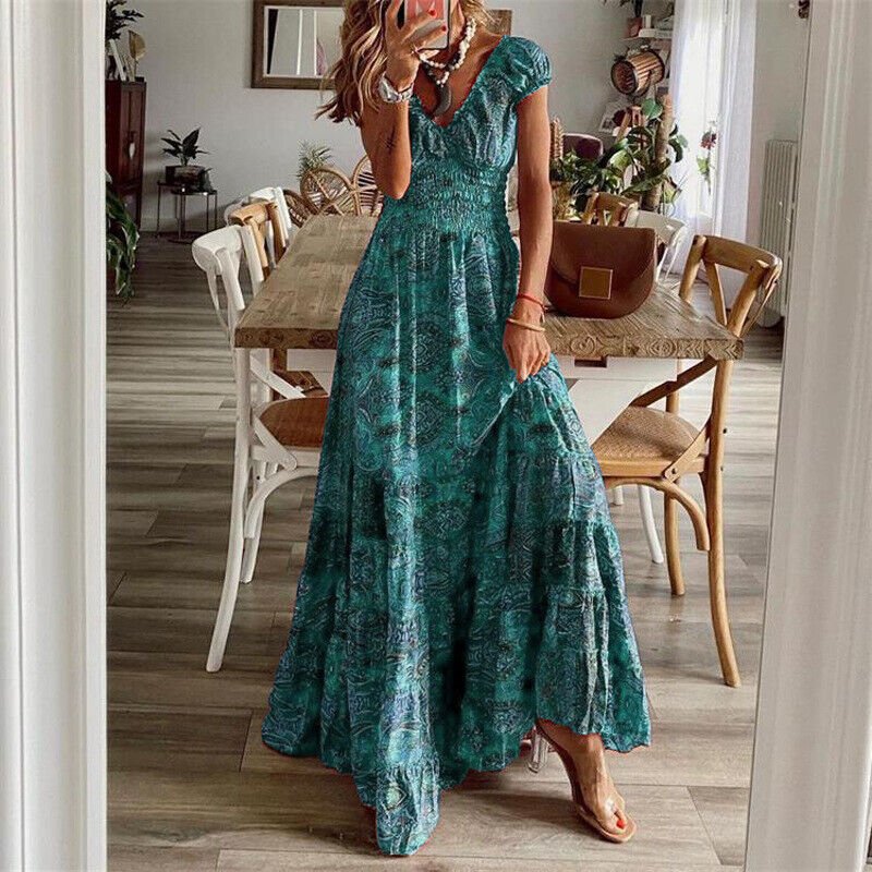 Damen Sommer Maxikleid mit kurzen Ärmeln und V-Ausschnitt