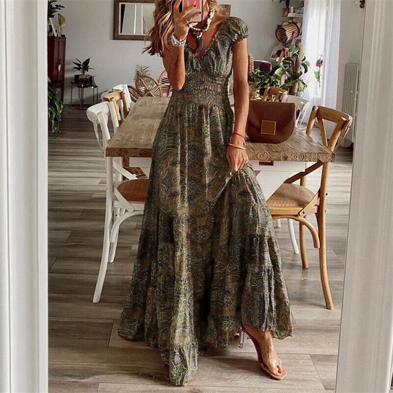 Damen Sommer Maxikleid mit kurzen Ärmeln und V-Ausschnitt
