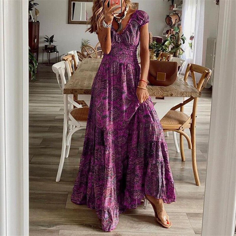 Damen Sommer Maxikleid mit kurzen Ärmeln und V-Ausschnitt
